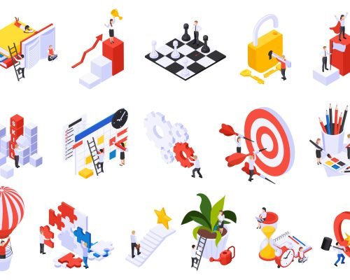 Personal growth symbols isometric set with puzzle chess pieces task planner padlock key target podium vector illustration