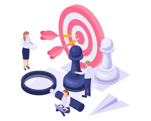 Isometric business concept with colorful target chess pieces magnifier working characters vector illustration